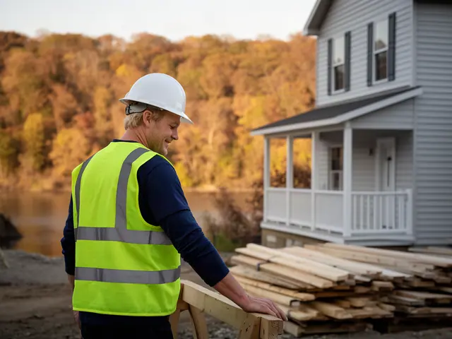 A builder in a hard hat and safety vest on a home construction site.