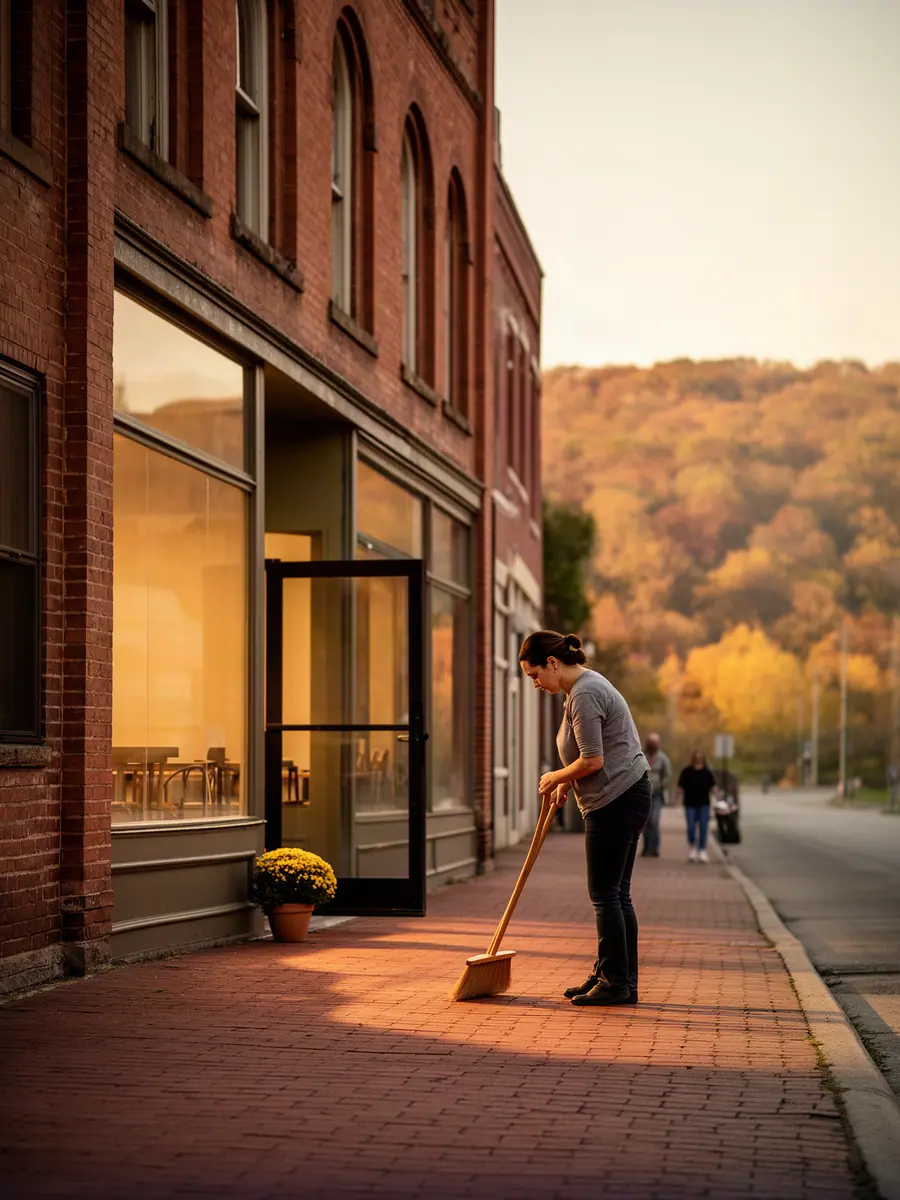 A cafe owner sweeping the sidewalk outside her warm-lit open door on an old brick street at golden hour.