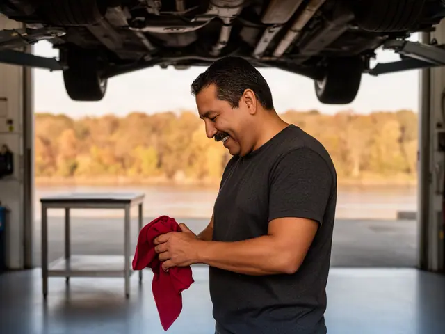 An auto-repair shop owner in a service bay under a lifted car.