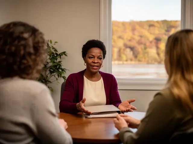 An insurance agent talking with a couple at a round table.