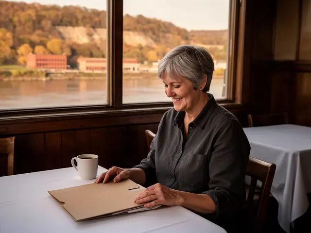 A restaurant owner seated with a folder in an empty dining room before opening.